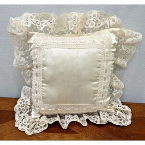Vintage Ivory Boudoir Pillow silk satin lace Crochet Granny Cottage Shabby Chic